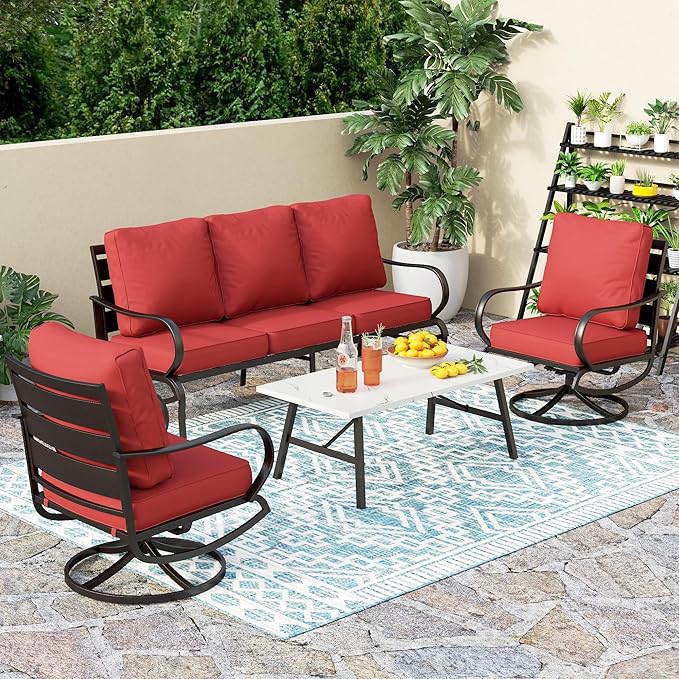 PHI VILLA 4 Piece Patio Furniture Sets for 5 Person with 1 x 3-Seat Deep Seating Bench, 2 x Cushioned Swivel Sofa Chairs & 1 x Coffee Table, Outdoor Metal Conversation Set for Lawn Garden, Red
