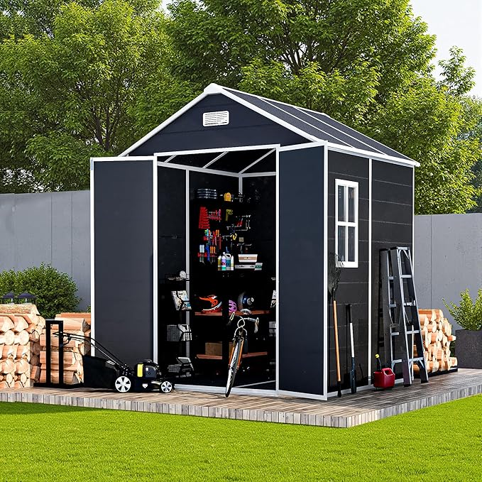 Outdoor Storage Shed 5.5FTx5.5FT, Resin Shed with Floor & Window, Lockable Door, Vents, Outside Sheds & Garden Shed for Patio Furniture, Gardening Tools, Pool Equipment (Dark Gray, 5.5 * 5.5ft)