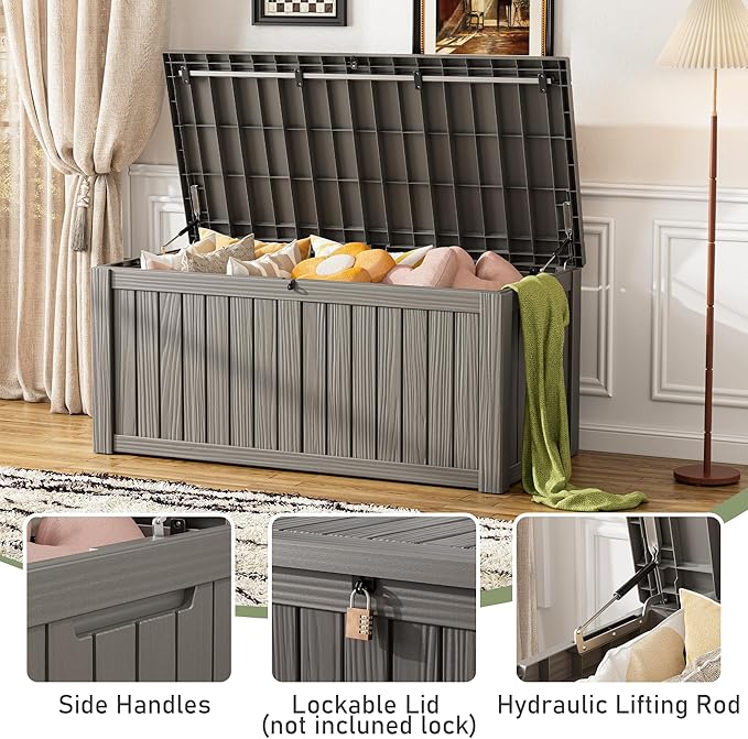 Deck Box, 120 Gallon Outdoor Storage Box Lockable Patio Waterproof for Furniture, Garden Tools, Sports Equipment and Pool Supplies, Waterproof, Resin, Lockable