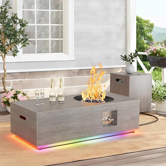 Dineli 2-Piece Outdoor Propane Fire Pit Table Set w Tank Table 48'' Rectangular Firepit Gas Fire Pits for Outside Patio Tabletop Fire Pits w LED, 50,000 BTU (Gray with RGB Light)