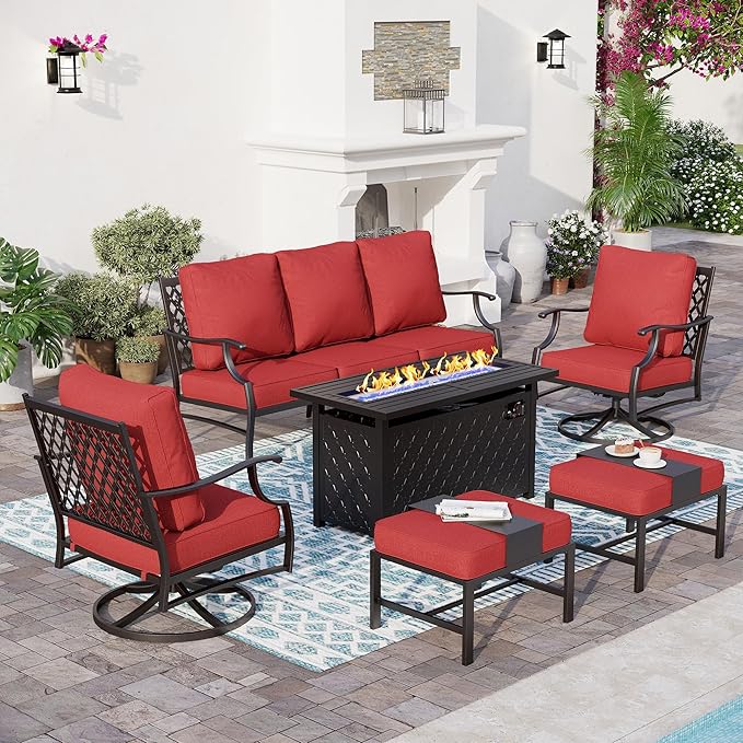 SUNSHINE VALLEY 6 Piece Metal Outdoor Patio Furniture Set with Firepit Table, Patio Conversation Set 1 3-Seater Sofa, 2 Swivel Chair, 2 Ottoman with 5.75" Thick Cushion, Black Backyard Furniture, Red