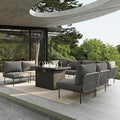 9 Piece Modern Outdoor Rope Wicker Sectional Patio L-Shaped Conversation Sofa Set Deep Seating with Fire Pit Table