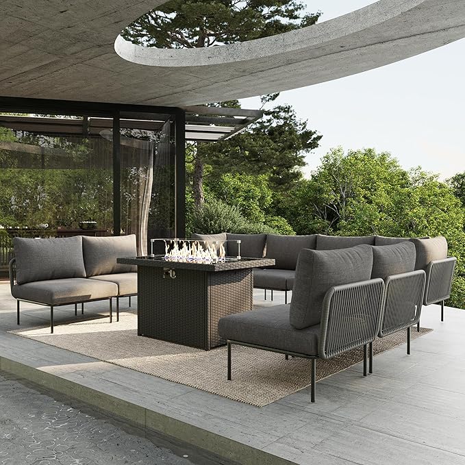 9 Piece Modern Outdoor Rope Wicker Sectional Patio L-Shaped Conversation Sofa Set Deep Seating with Fire Pit Table