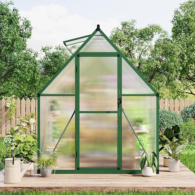 GAOMON 6x7 FT Outdoor Greenhouse with Roof Vent - Heavy Duty Aluminum Polycarbonate Greenhouse, Easy Assembly, Lockable Door, for Patio, Backyard, Garden