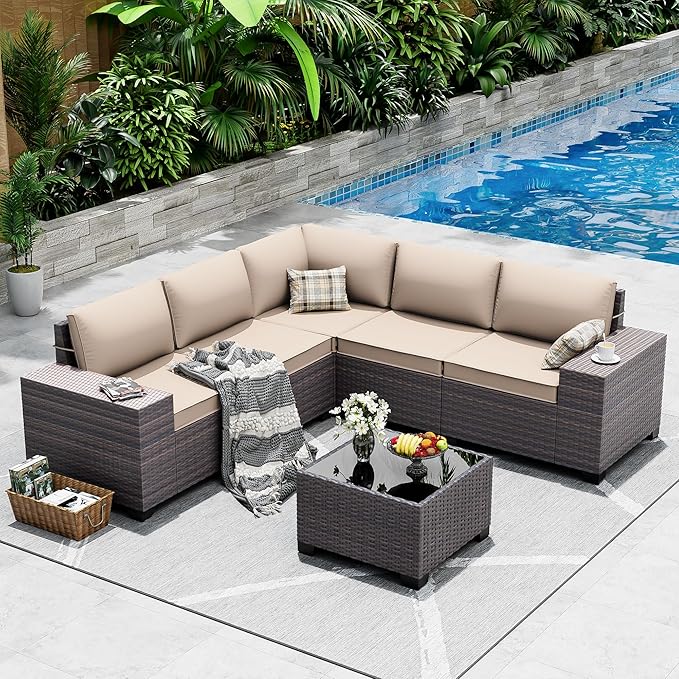 Outdoor Patio Furniture Set, 6 Pieces Outdoor Sectional Furniture High Backrest Patio Sofa, All-Weather PE Rattan Patio Conversation Set with Coffee Table & Cushions-Sand.