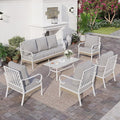 SUNSHINE VALLEY 6 Piece Metal Outdoor Patio Furniture Set, Patio Conversation Sets 1 3-Seater Sofa, 4 Single Sofa with 5.75" Extra Thick Cushion and Coffee Table, White Frame Backyard Furniture, Gray