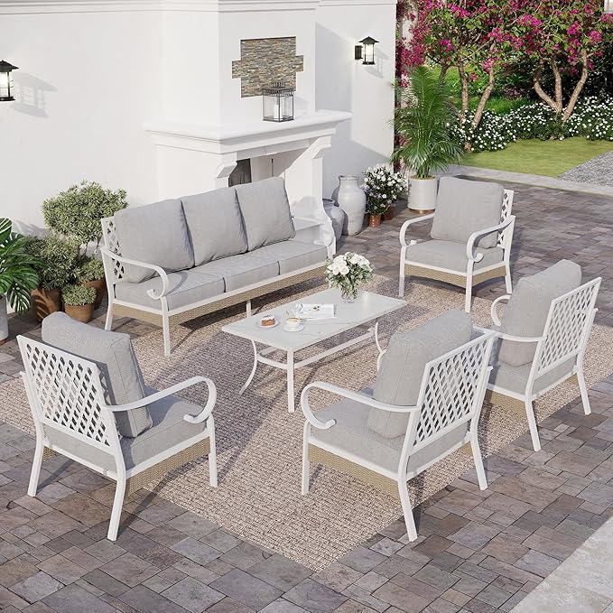 SUNSHINE VALLEY 6 Piece Metal Outdoor Patio Furniture Set, Patio Conversation Sets 1 3-Seater Sofa, 4 Single Sofa with 5.75" Extra Thick Cushion and Coffee Table, White Frame Backyard Furniture, Gray