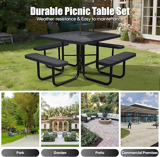 8-Person Outdoor Picnic Tables,46" Heavy-Duty Metal Square Picnic Table,Expanded Metal Commercial-Grade Table with 4 Benches & Umbrella Hole,Waterproof Coating Beach Table for Patio,Garden, Backyard
