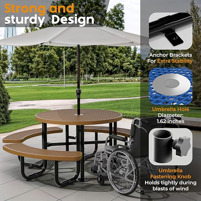 Metal Picnic Tables for Outdoors with Umbrella Hole - Coated Steel Heavy Duty Commercial Grade Furniture Set with Adjustable Seats (Brown, 46 in, Round, Expanded Steel)