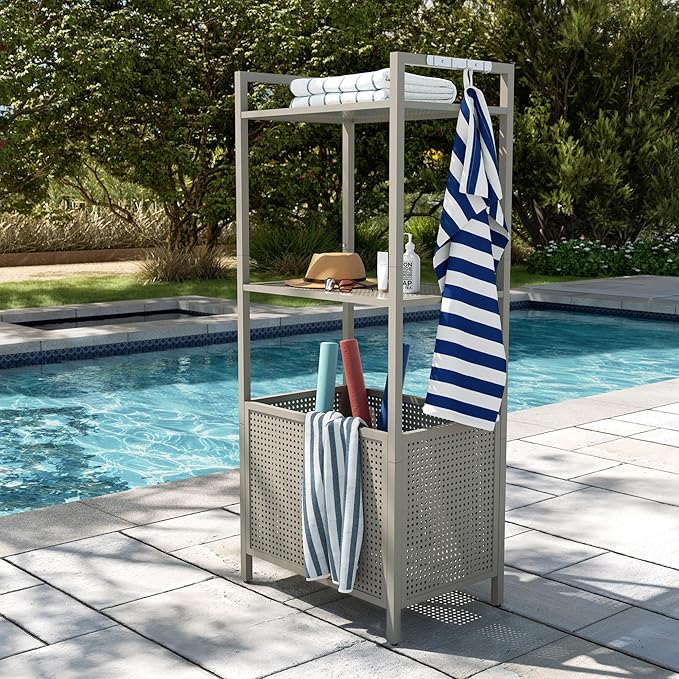 Ulax furniture Harrisburg Pool Float Storage Organizer, Steel Pool Float Holder with Basket Shelf, Towel Bars & Hooks