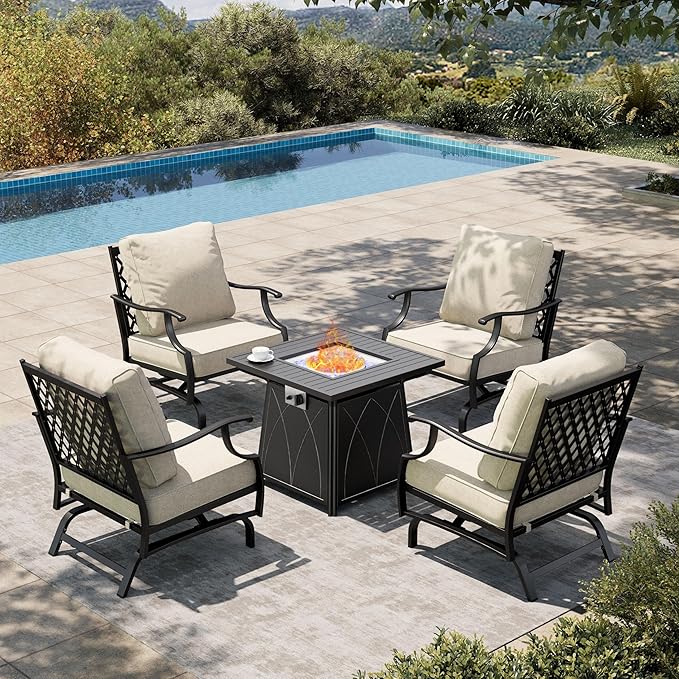 HERA'S HOUSE 5 Pieces Patio Furniture Set with Fire Pit Table, 4 x Thick Cushioned Rocking Chairs, 1 x 28 Fire Pit Table (50,000 BTU), Outdoor Conversation Set for Garden Backyard Lawn Deck