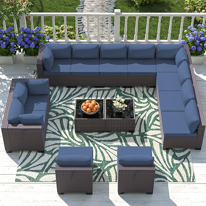 Outdoor Patio Furniture Set, 14 Pieces Outdoor Sectional Furniture Patio Sofa, All-Weather PE Rattan Patio Conversation Set with Tempered Glass Top Table & Cushions(Dark Blue).