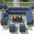 Outdoor Patio Furniture Set, 14 Pieces Outdoor Sectional Furniture Patio Sofa, All-Weather PE Rattan Patio Conversation Set with Tempered Glass Top Table & Cushions(Dark Blue).