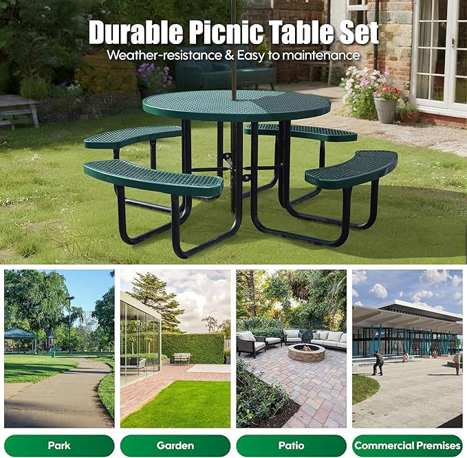 8-Person Outdoor Picnic Tables,46" Heavy-Duty Metal Round Picnic Table,Expanded Metal Commercial-Grade Table with 4 Benches & Umbrella Hole,Waterproof Coating Beach Table for Patio,Garden, Backyard