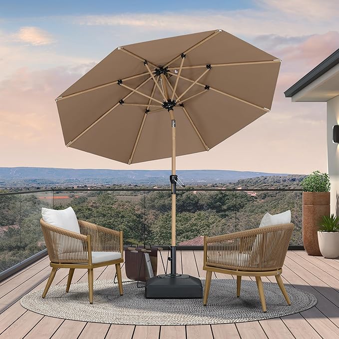 PURPLE LEAF 8 Feet Market Umbrella with Base Patio Umbrella Round Outdoor Table Umbrella with Push Button Tilt & Crank and 8 Ribs Aluminum Outdoor Umbrella for Garden Deck Balcony, Taupe