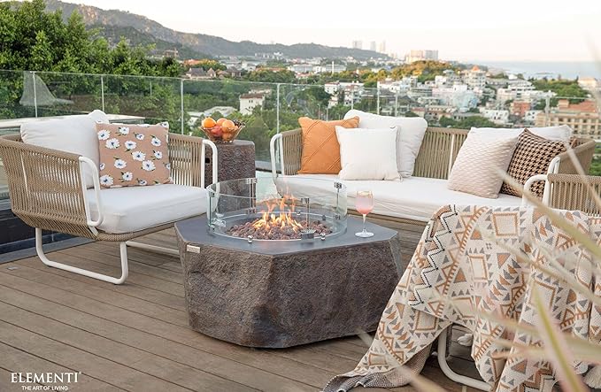 Elementi | Bundle Columbia Gas Fire Pit Cast Concrete Semi-Round Fire Table, Outdoor Fire Pit Electronic Ignition | Canvas Cover, Lava Rock Included | Natural Gas