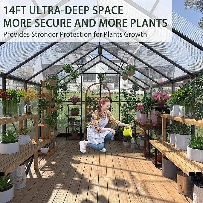 Greenhouses for Outdoors, 8x14.2 FT Polycarbonate Greenhouses with 2 Adjustable Roof Vent, Windproof, Walk-in Aluminum Frame Green Houses for Outside with Sliding Door, Garden (8x14.2FT)