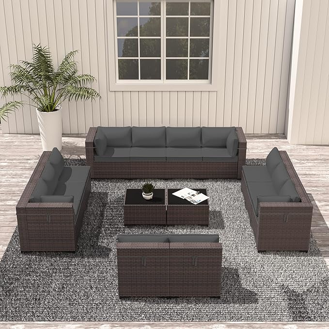 Outdoor Patio Furniture Set, 14 Pieces Outdoor Sectional Furniture Patio Sofa, All-Weather PE Rattan Patio Conversation Set with Tempered Glass Top Table & Cushions(Grey).