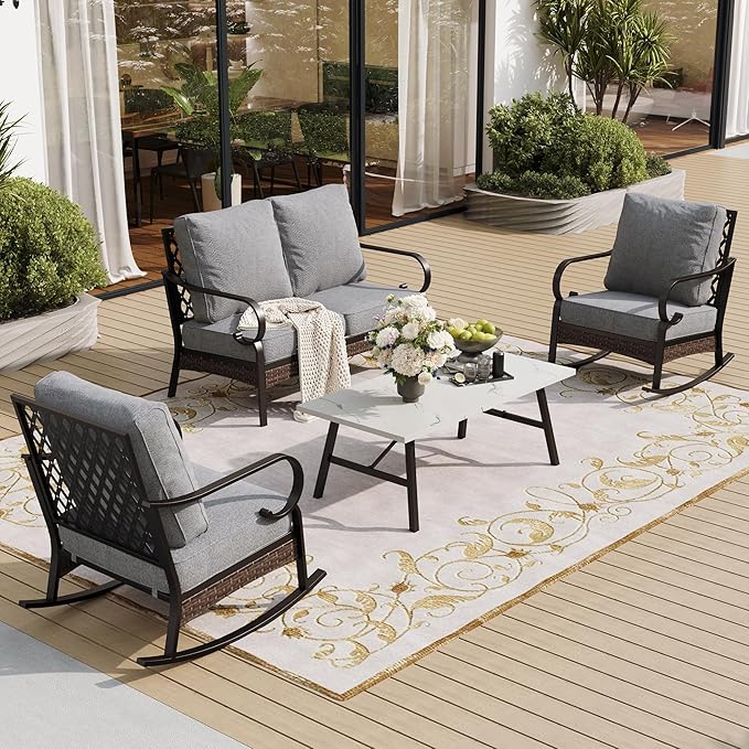 SUNSHINE VALLEY 4 Piece Metal Outdoor Patio Furniture Sets, Patio Conversation Sets 1 Loveseat, 2 Rocking Sofa with 5.75" Extra Thick Cushion and Coffee Table, Balck Frame Backyard Furniture, Gray