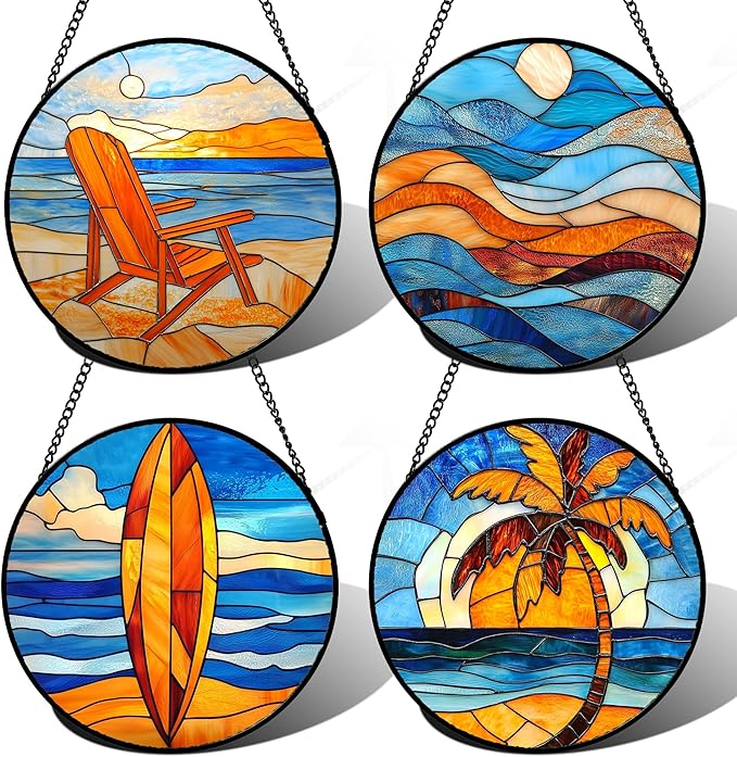 DASTOLL Stained Glass Window Hanging 4 Pcs Set Blue Orange Ocean Beach Theme 9.8" - Suncatcher Door Garden Sun Catcher Decor Birthday Christmas for Mom Woman Nana Men Wife
