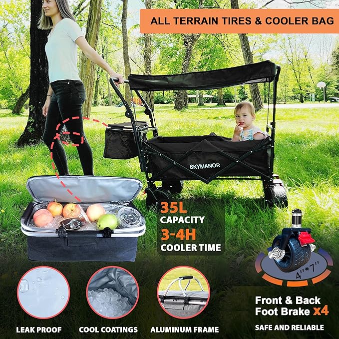 SKYMANOR Collapsible Wagon Folding Garden Cart with Removable Canopy Utility Heavy Duty Wagon Cart with All-Terrain Wheel Storage Brake for Camping Shopping (Upgraded Canopy-Gray Splicing)