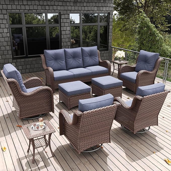 LayinSun 9 Pieces Outdoor Patio Furniture Set, Rattan Wicker Sectional Swivel Rocker Chairs Sets with Ottomans, Swivel Glider Chairs and Coffee Table