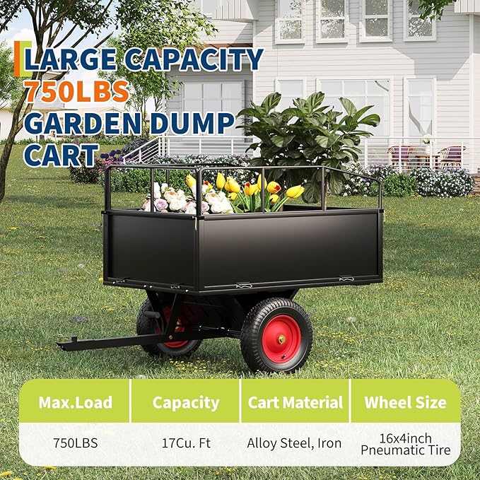 GarveeLife ATV Trailer Tow Behind Steel Dump Cart, 750 lbs 17 Cubic Feet Heavy Duty Yard Garden Utility Trailer Pull Behind with Removable Sides & All Terrain Tires for Lawn Mower, Tractor, Yard