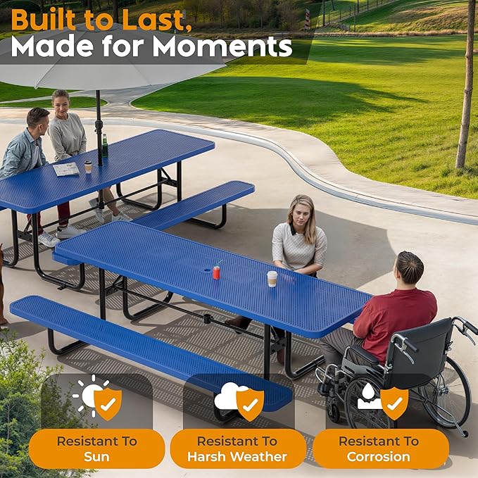 Commercial Heavy-Duty Metal Picnic Table - ADA Compliant, Adjustable Seats, Umbrella Hole (Blue, 8' Rectangular, Punched Steel)