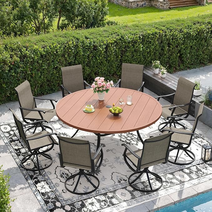 DIFY 60" Round Outdoor Patio Dining Table for 8-10, Metal Patio Table with 1.57" Adjustable Umbrella Hole, All-Weather Dining Furniture Table for Backyard Lawn Garden, Walnut