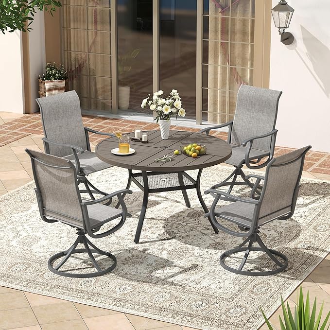 VICLLAX Round Patio Dining Table, 4 Person Metal Outdoor Dining Table with Umbrella Hole and Storage Shelf for Garden Lawn Deck, 40.6" Grey