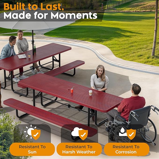 Commercial Heavy-Duty Metal Picnic Table - ADA Compliant, Adjustable Seats, Umbrella Hole (Red, 8' Rectangular, Punched Steel)