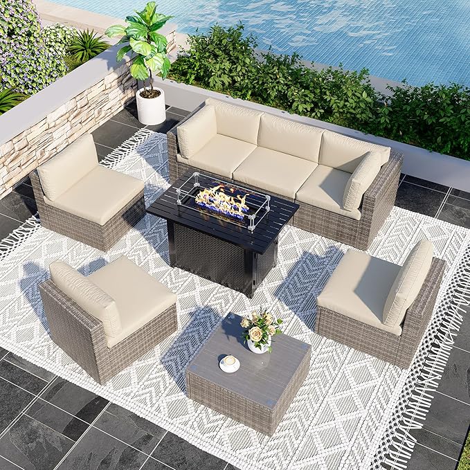 Green4ever 8 Pieces Outdoor Patio Furniture Set with 43" Fire Pit Table, Wicker Outdoor Patio Sectional Sofas Coffee Table, All-Weather Patio Conversation Set with Cushions for Garden Backyard, Beige