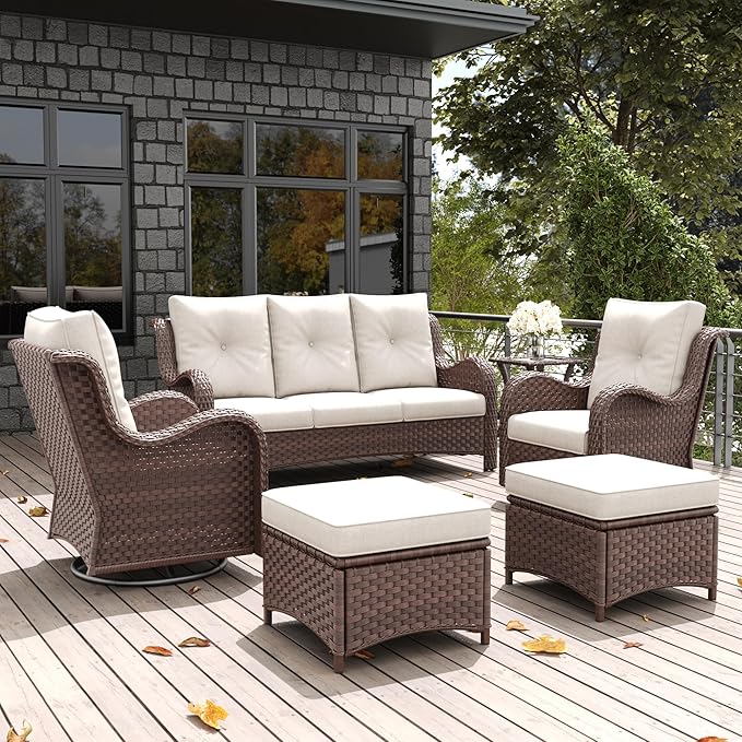 LayinSun 6 Pieces Outdoor Patio Furniture Set, Rattan Wicker Sectional Swivel Rocker Chairs Sets with Ottomans, Swivel Glider Chairs, and Coffee Table