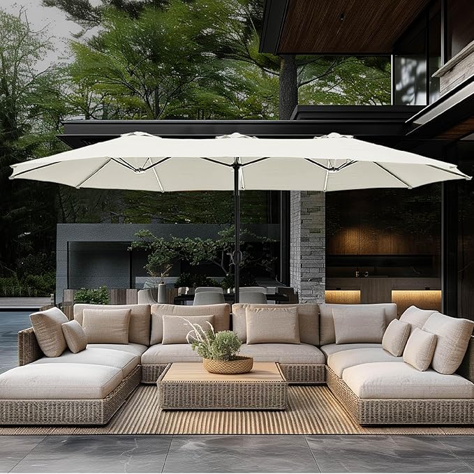 GREEN PARTY 15 ft Rectangle Patio Umbrella with Base Included, Double-Sided Table Umbrella with Crank, Large Outdoor Umbrellas for Patio Poolside Garden Backyard, Ivory