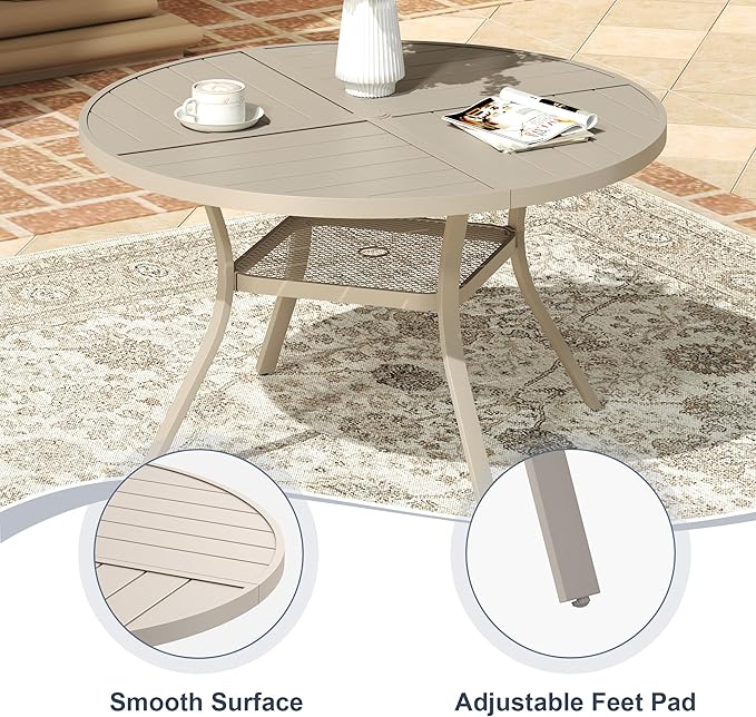 VICLLAX Round Patio Dining Table, 4-6 Person Metal Outdoor Dining Table with Umbrella Hole and Storage Shelf for Garden Lawn Deck, 47.2" Sandshell