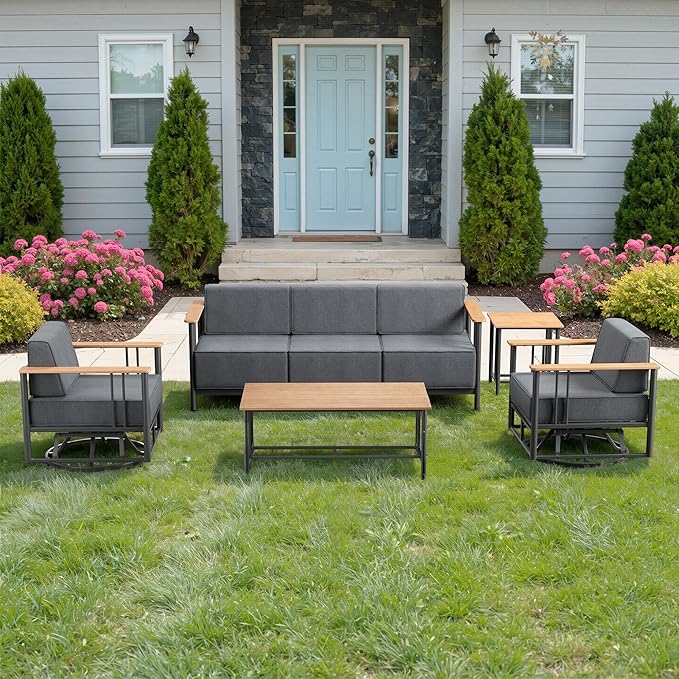 Luxury Outdoor Furniture Set with Swivel Chairs, 5 PCS Patio Furniture Set with 6" Extra Thick Cushions, Suitable for Porch, Balcony, Deck, Patio, Yard, Poolside, Black/Grey