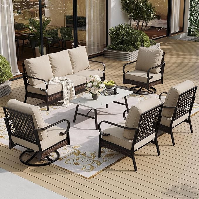 SUNSHINE VALLEY 6 Piece Metal Outdoor Patio Furniture Set, Patio Conversation Set with 3-Seater Couch, 2 Fixed Sofa, 2 Swivel Sofa (5.75" Thick Cushion) & Coffee Table Black Backyard Furniture, Beige