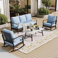 SUNSHINE VALLEY 4 PCS Metal Outdoor Patio Furniture Set, Patio Conversation Sets 1 3-Seater Sofa, 2 Rocking Chairs with 5.75" Extra Thick Cushion & Coffee Table, Black Frame Backyard Furniture, Blue