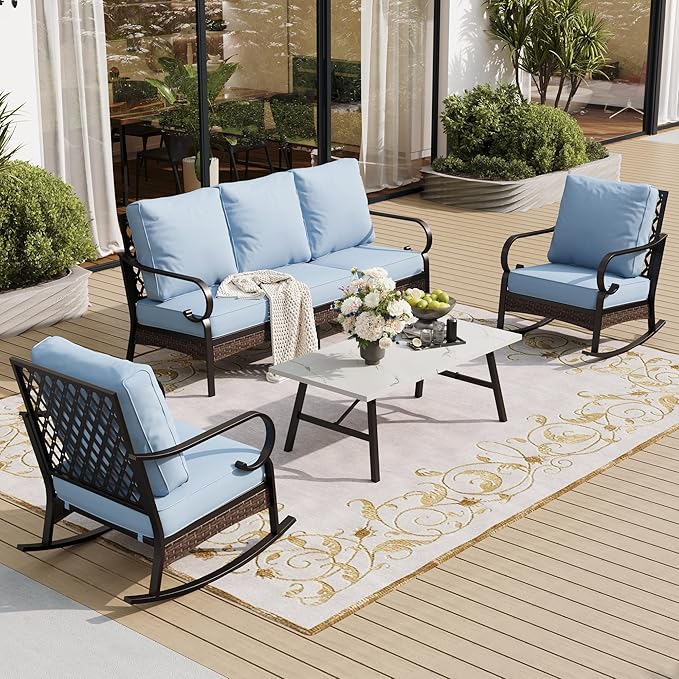 SUNSHINE VALLEY 4 PCS Metal Outdoor Patio Furniture Set, Patio Conversation Sets 1 3-Seater Sofa, 2 Rocking Chairs with 5.75" Extra Thick Cushion & Coffee Table, Black Frame Backyard Furniture, Blue