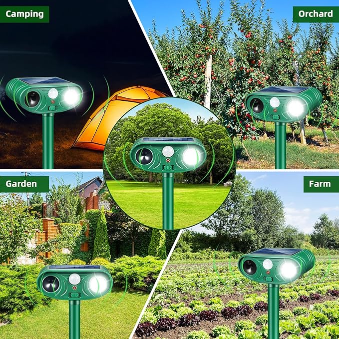 Solar Ultrasonic Animal Repellent Outdoor 2 Pack Cat Rabbit Squirrel Dog Deer Repellent Devices Coyote Skunk Raccoon Fox Deterrents Light Animal Repeller with Motion Sensor for Yard Garden