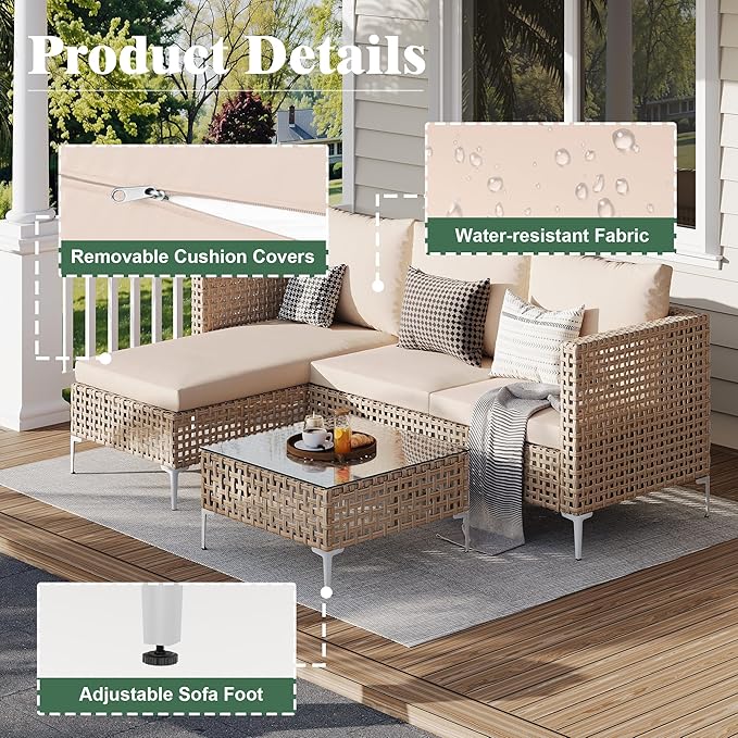 Patio Furniture Set, Outdoor Couch with Glass Coffee Table&Thick Cushion, Wicker Chaise Longue Sofa Set, All-Weather PE Rattan Conversation Set for Garden, Deck, Poolside(3pcs Yellow&Beige)