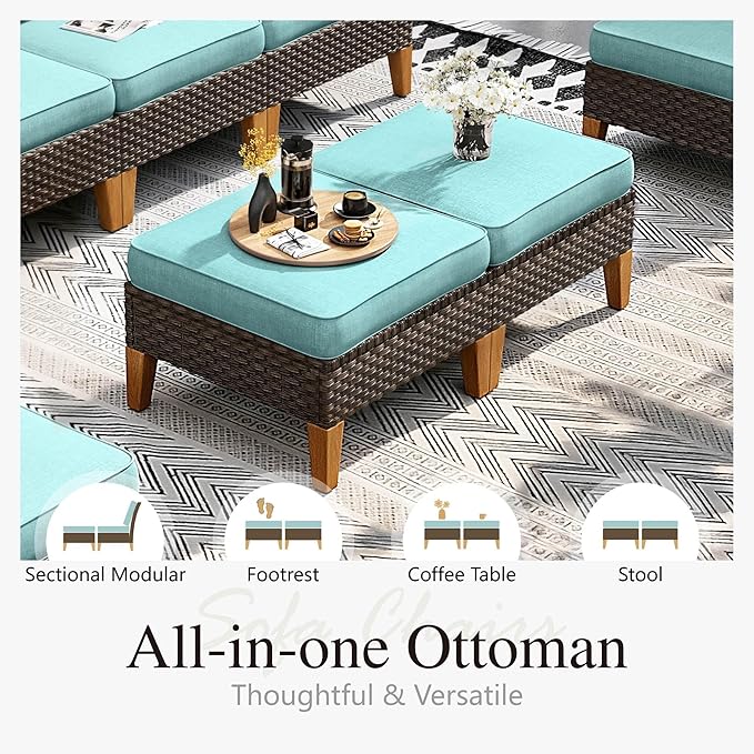 Sophia & William Patio Furniture Set with Fire Pit Table, 10 Piece Outdoor Wicker Furniture Sectional Sofa, Extra Large Patio Rattan Conversation Set with Ottoman & 56" Fire Pit Table(Aqua Blue)