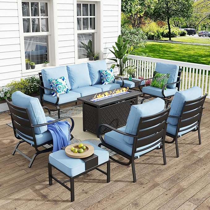 MFSTUDIO 8 Pieces Patio Furniture Sets with 45" Gas Fire Pit Table(Up to 9 Seat),Outdoor Metal Conversation Sofas with 1 x 3-Seat Sofa, 2 Single Chairs,2 Rocking Chairs and 2 Ottoman,Blue Cushion