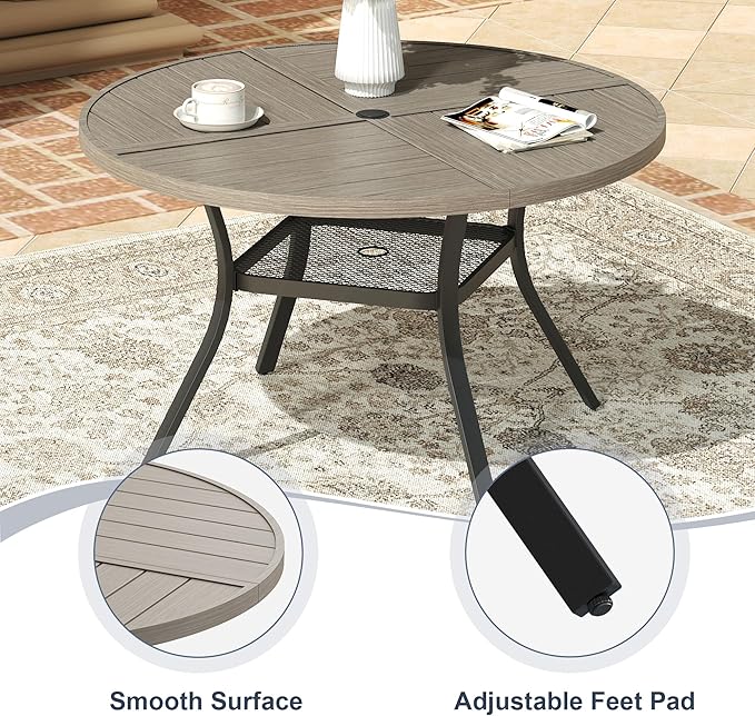 VICLLAX Round Patio Dining Table, 4 Person Metal Outdoor Dining Table with Umbrella Hole and Storage Shelf for Garden Lawn Deck, 40.6" Grey