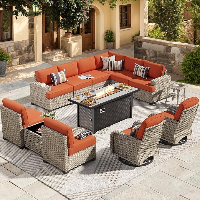 HOOOWOOO Outdoor Sectional Patio Furniture Set with Fire Pit Table,13 Pieces Wicker Conversation Sets L Shaped Couch,Extra Deep Out Door Sofa Outside Furniture with Swivel Rocking Chairs,Brick Red