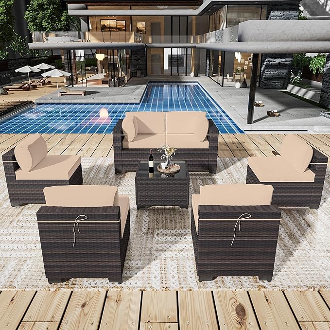 Outdoor Patio Furniture Set, 7 Pieces Outdoor Sectional Furniture Patio Sofa, All-Weather PE Rattan Patio Conversation Set with Tempered Glass Top Table & Cushions