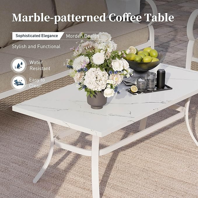 SUNSHINE VALLEY 4 Piece Metal Outdoor Patio Furniture Sets, Patio Conversation Sets 1 2-Seater Sofa, 2 Single Sofa with 5.75" Thick Cushion and Coffee Table, White Frame Backyard Furniture, Beige