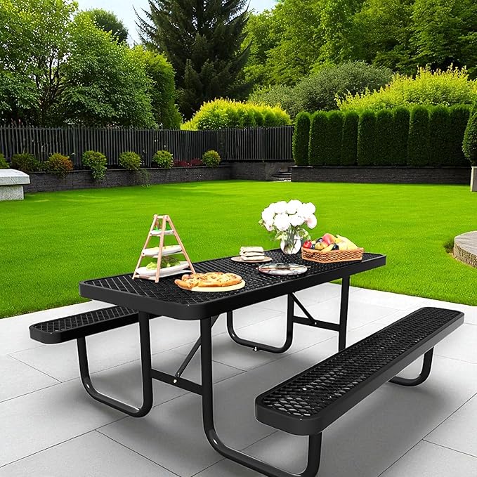 HIMcup 6FT Rectangular Steel Outdoor Picnic Table,Commercial Black Picnic Table Bench Set with Umbrella Hole, Weather-Resistant Heavy Duty School Dining Table for Patio, Garden, Backyard