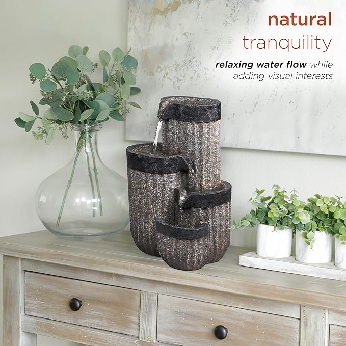 Alpine Corporation WIN1372 14" Tall Cascading Tabletop Fountain with LED Lights – Decorative Indoor Water Feature for Desk, Patio, and Home Décor, Gray