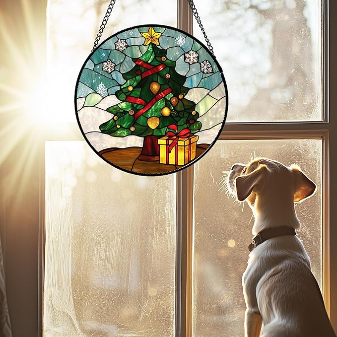 DASTOLL Stained Glass Window Hanging Green Christmas Tree Snowflake 7.8" - Suncatcher Door Garden Sun Catcher Xmas Holiday Decor Birthday for Mom Men Woman Friend Nana